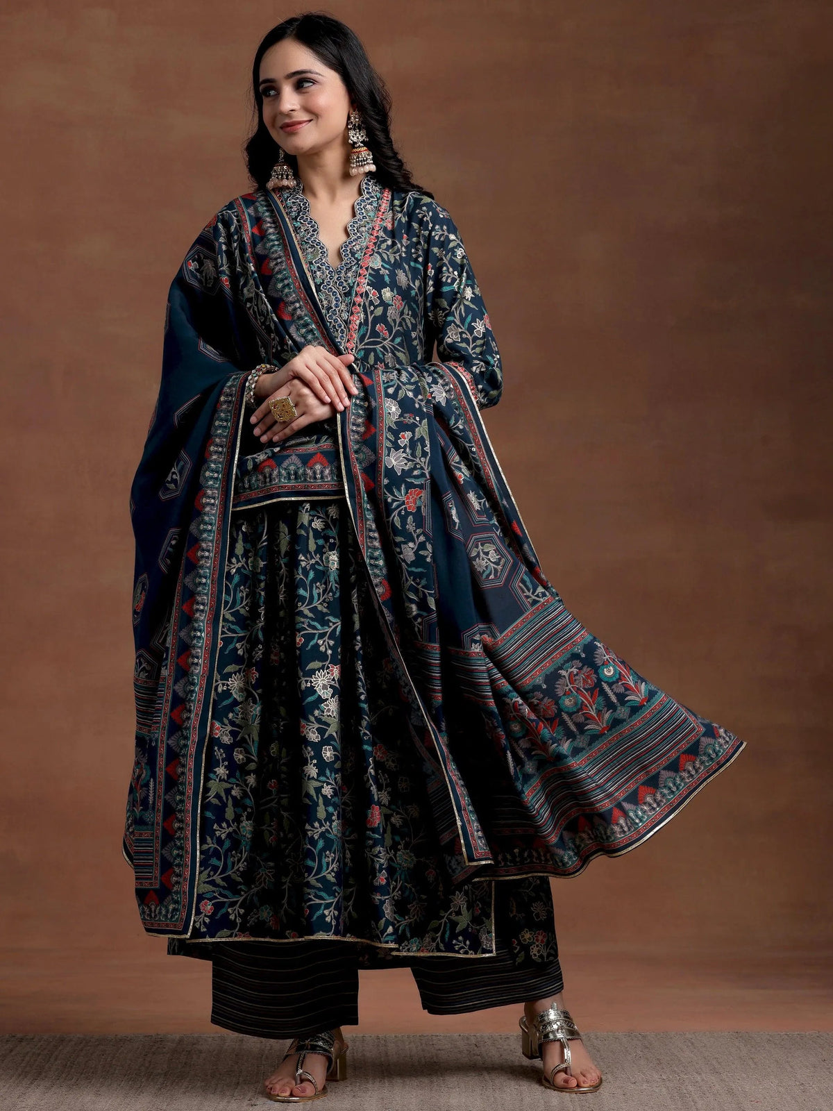 Anouk Blue Printed Silk Blend A-Line Kurta With Palazzos & Dupatta