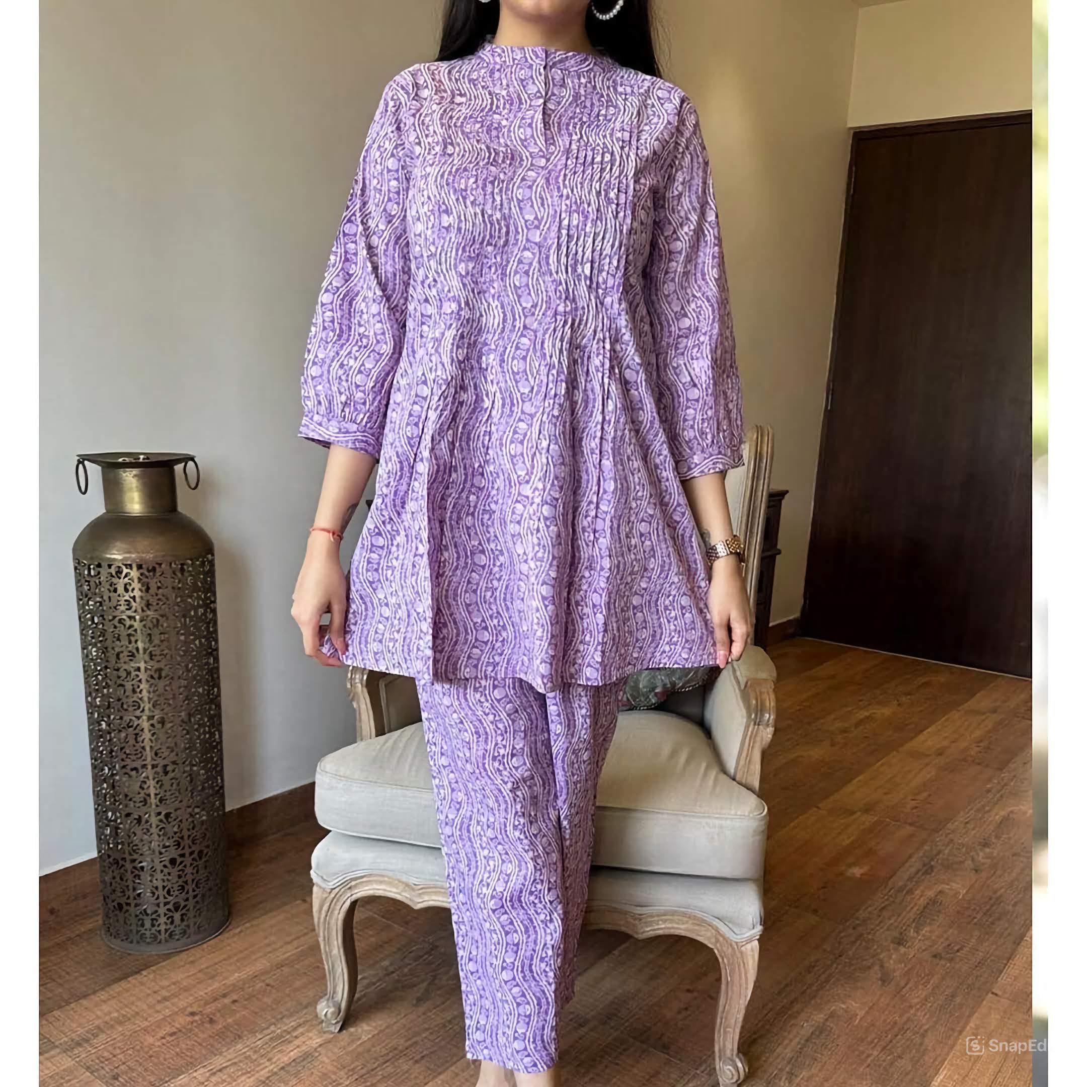 Lavender Cotton Kurta Set with Pintex Work