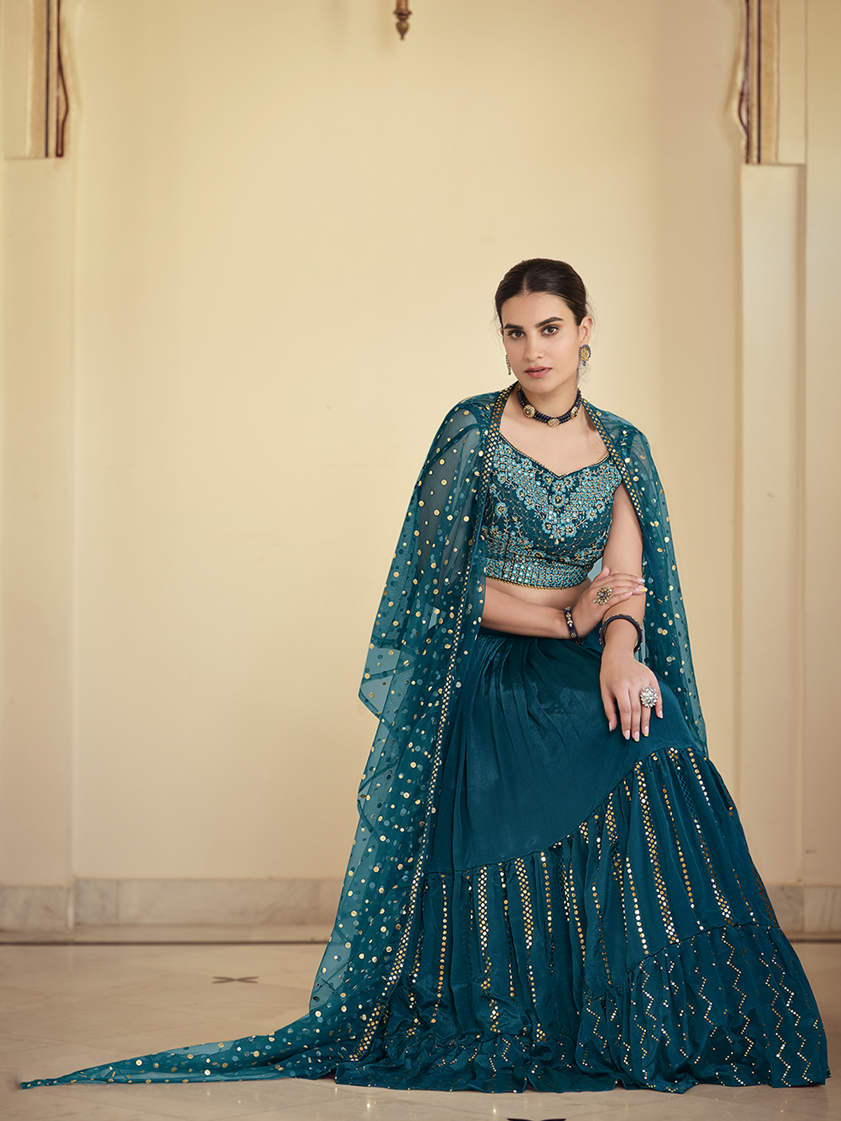 Teal Embroidered Crepe Semi Stitched Lehenga With Unstitched Blouse