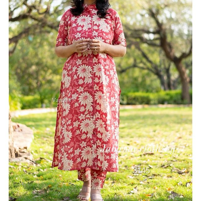 Jaipuri Cotton Co-ord Set with Button Detail Kurti and Printed Pant