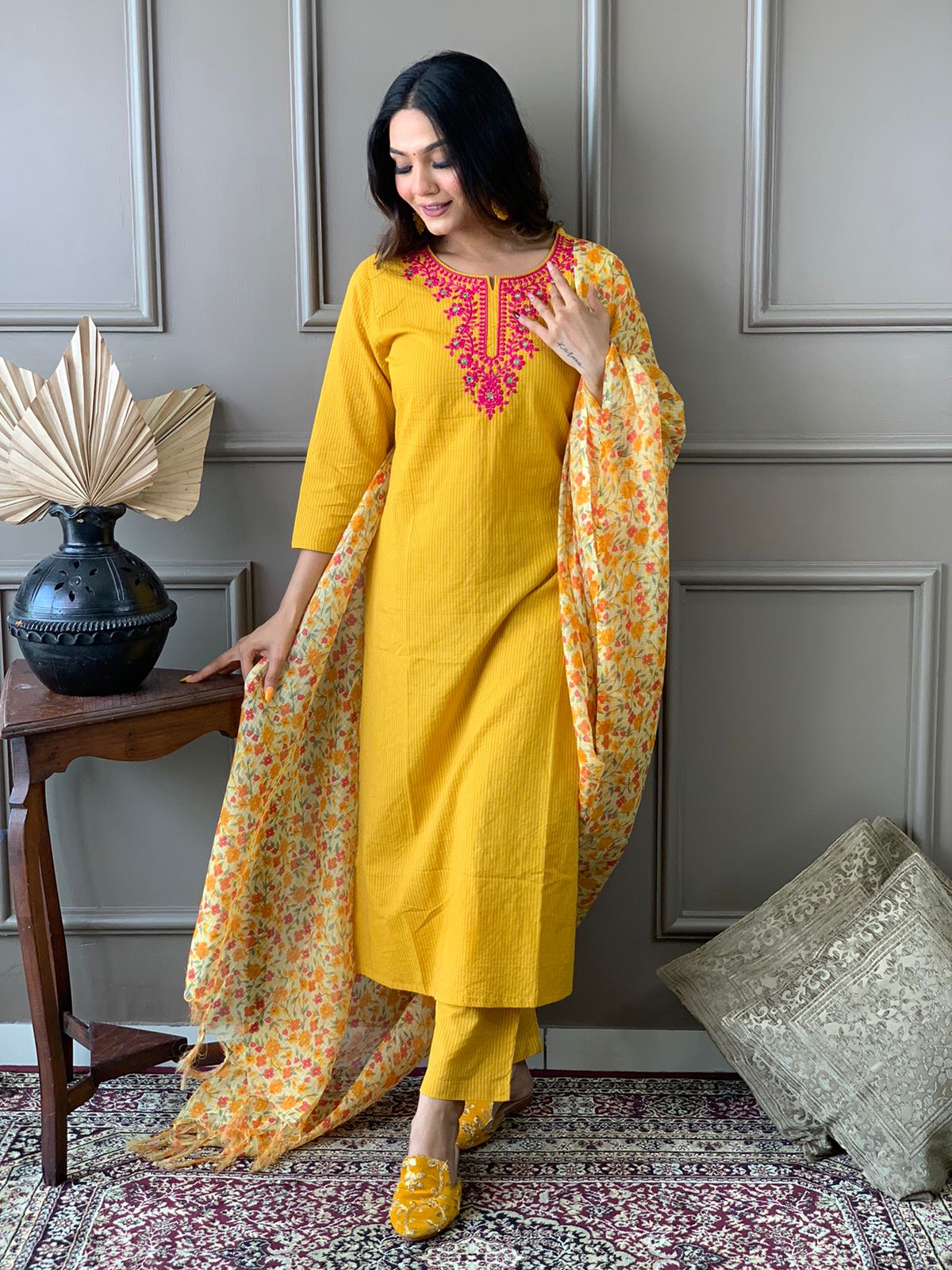 Kantha Suit Set with Cotton Kurta, Embroidery Work, and Flower Kota Silk Dupatta