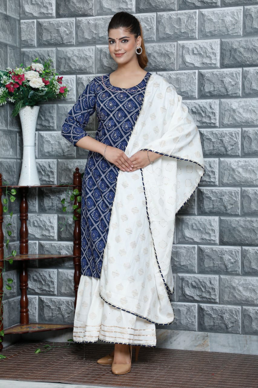 Rayon Mirror-Work Straight Kurta, Sharara, and Dupatta Set