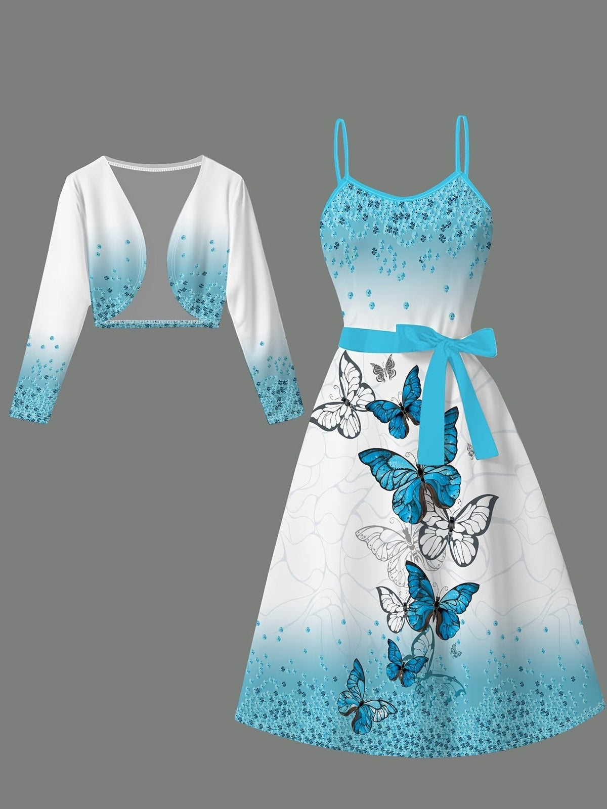 Women’s Elegant Butterfly Print Dress with Short Jacket & Belt – Stylish 2 Piece Set