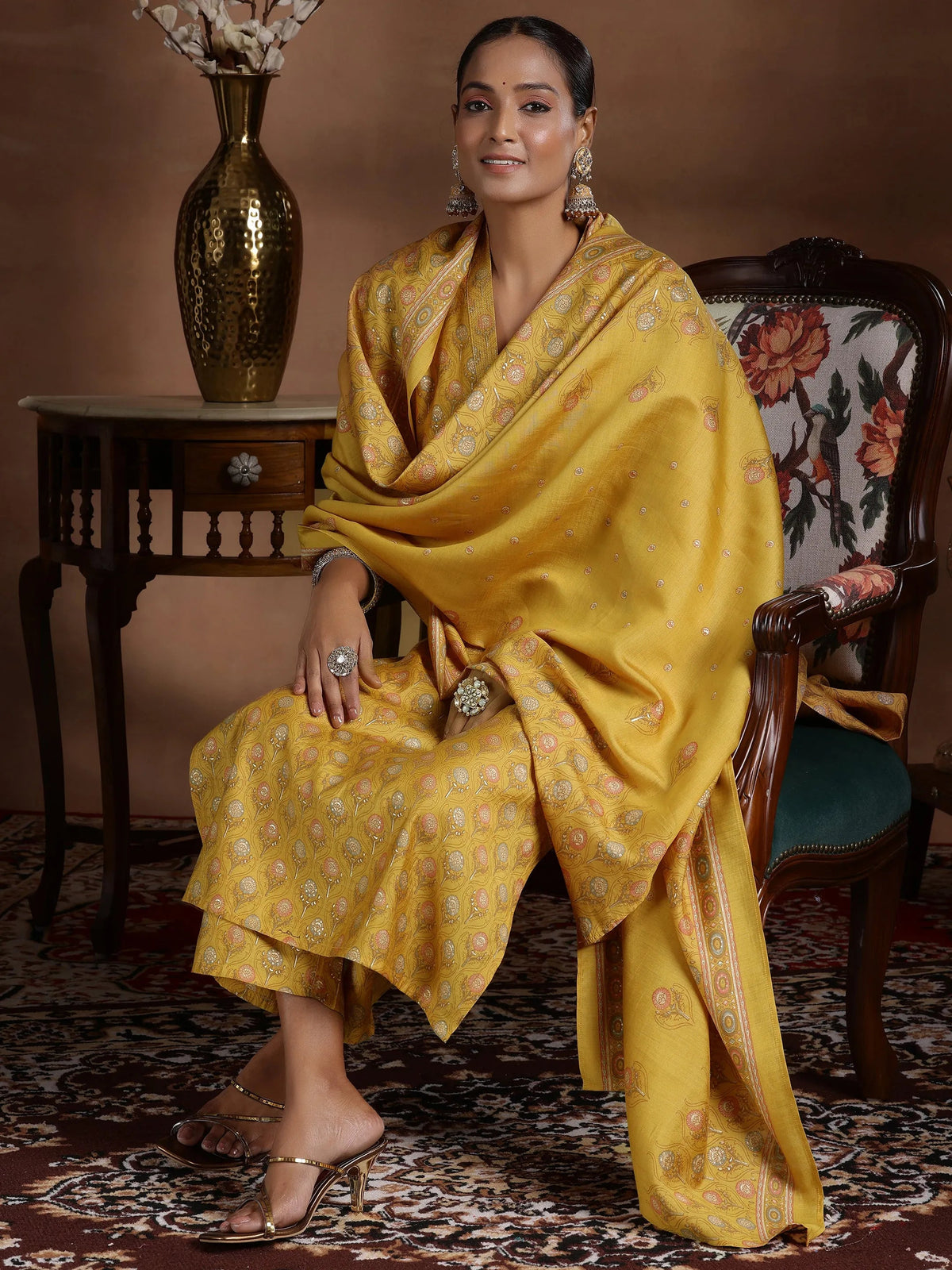 Anouk Mustard Printed Silk Blend Straight Suit With Dupatta