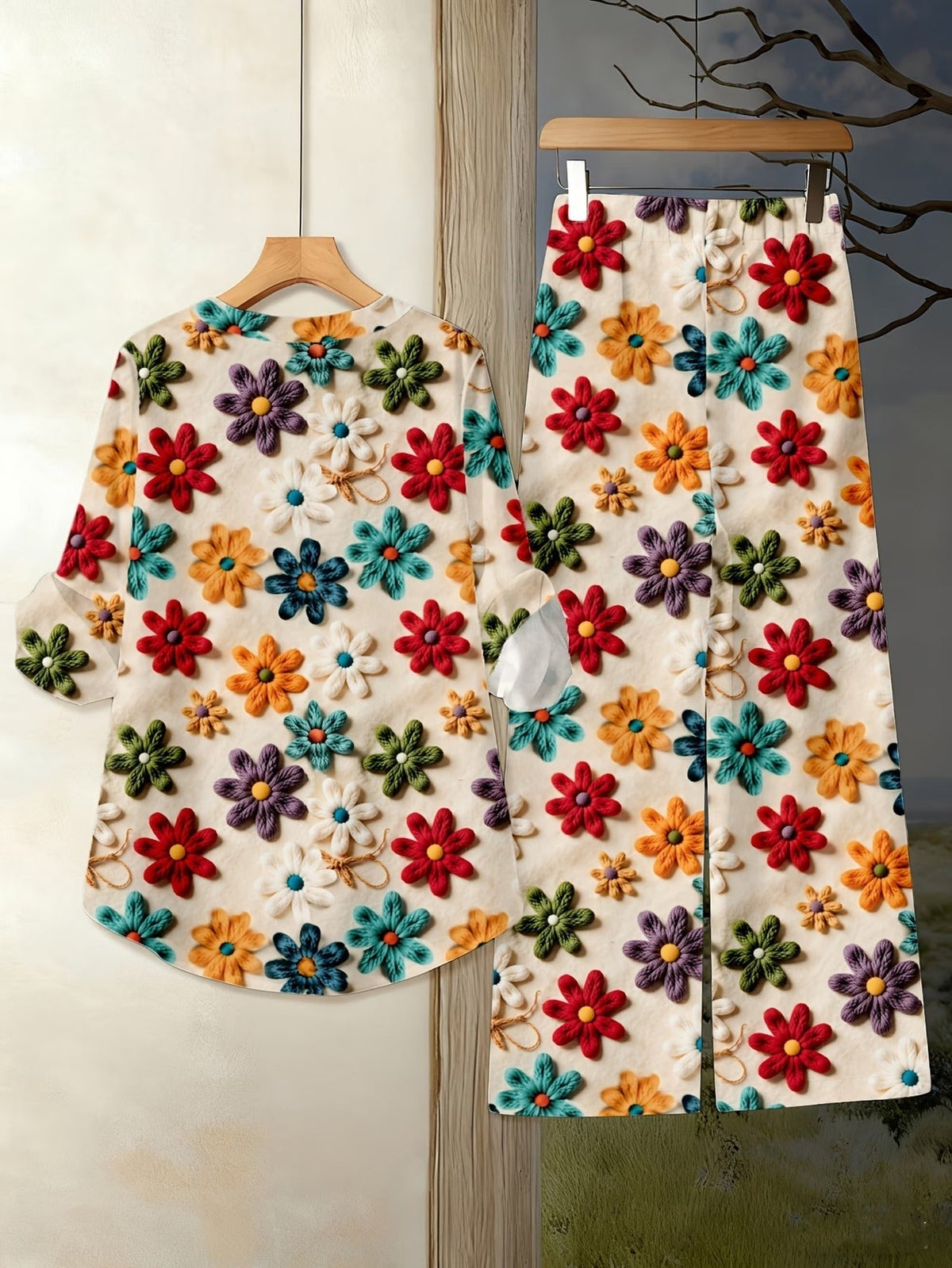 Women’s Floral Long-Sleeve Shirt with Printed Pants – Stylish Two-Piece Everyday Outfit (With Tie & Button Details)