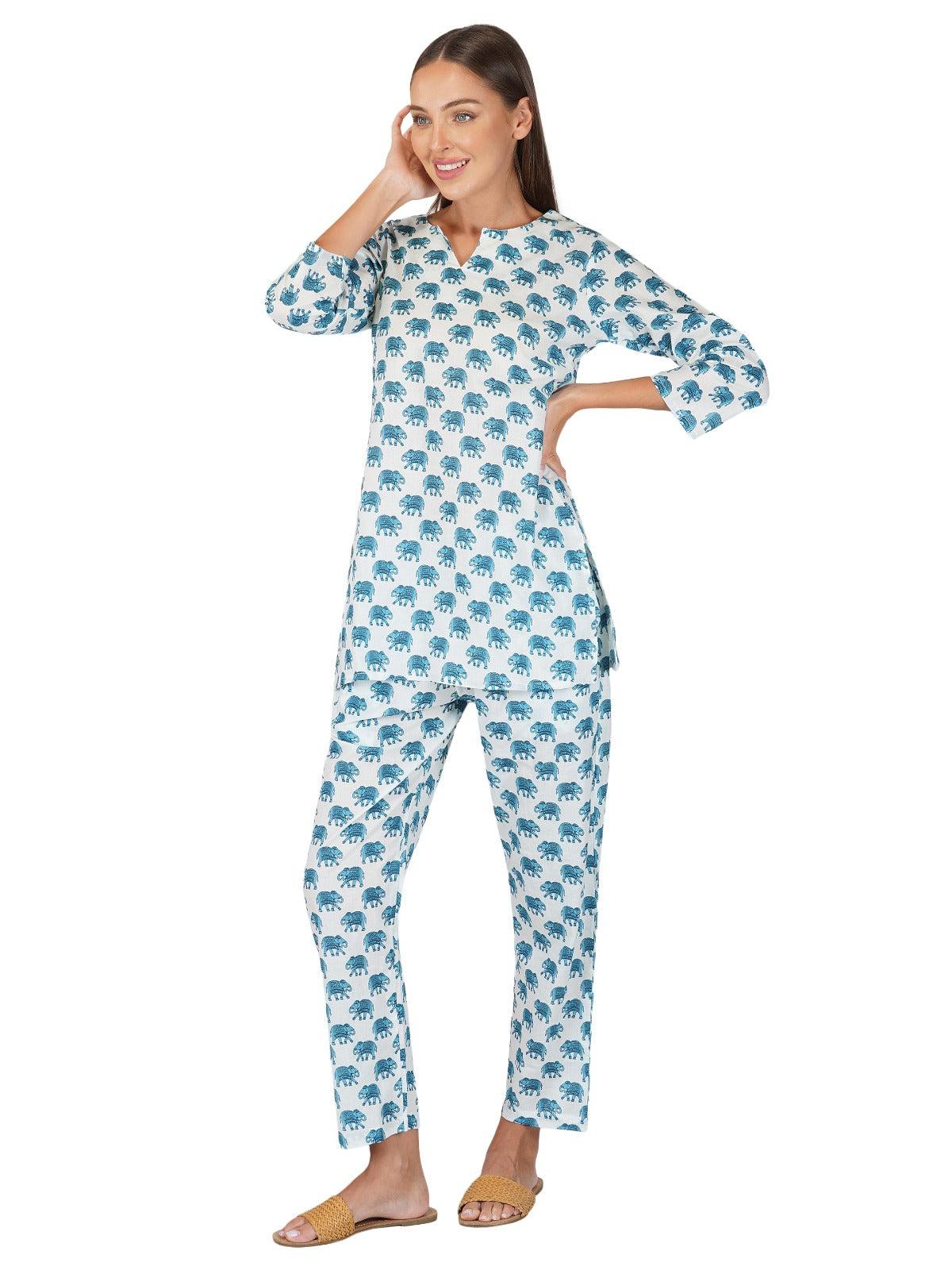 Cotton Short Kurta Pant Set in White & Blue (60x60 Weave)