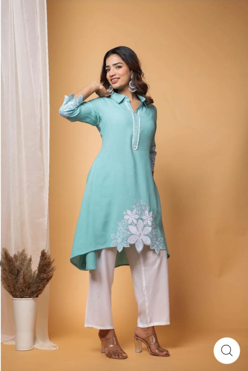 Rayon Kurti Set with Hand Embroidery and Lace Detailing