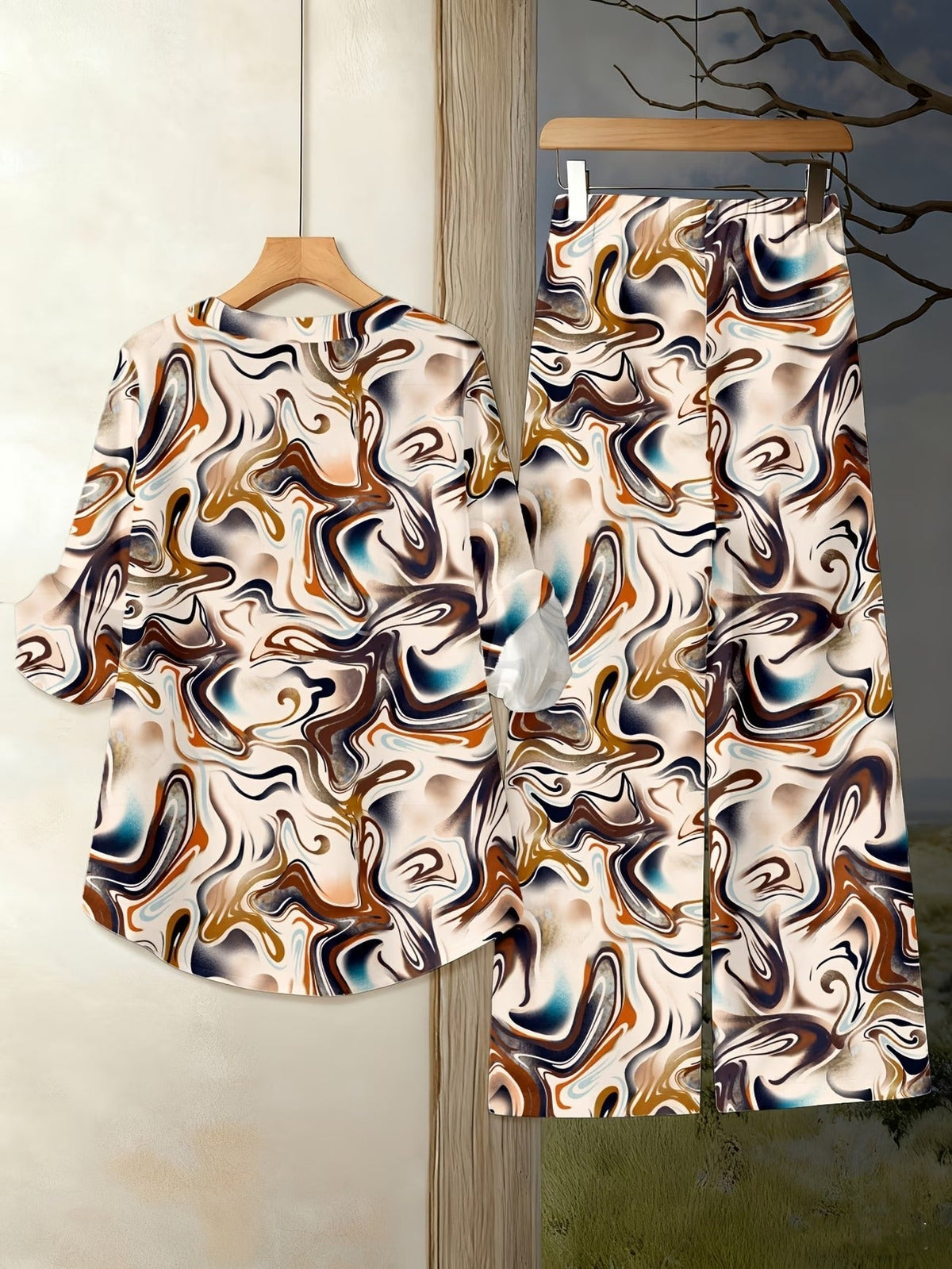 Women’s Floral Long-Sleeve Shirt with Printed Pants – Stylish Two-Piece Everyday Outfit (With Tie & Button Details)