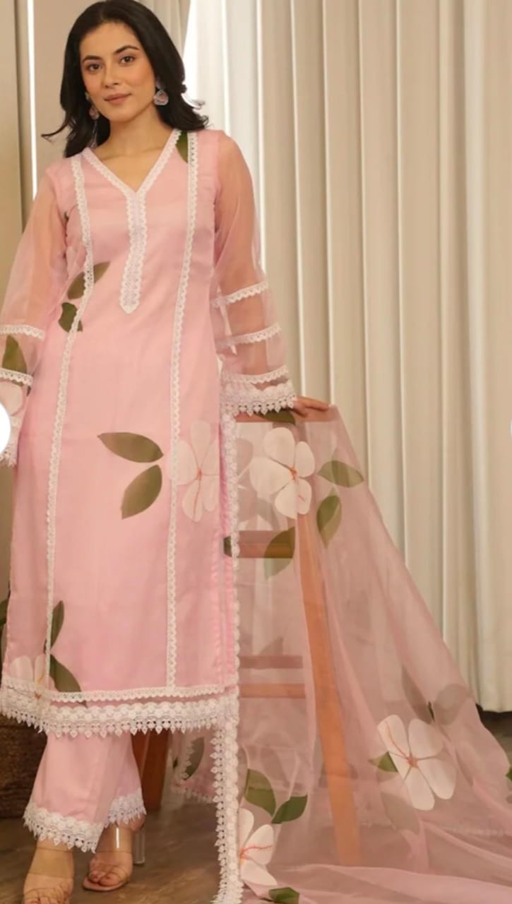 Cotton Kurti Pant Set with Organza Dupatta