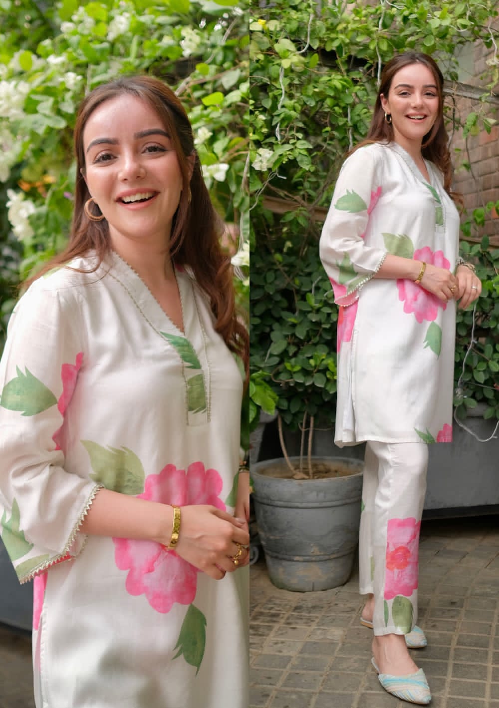 Maslin Digital Print Floral Kurta Pant Set with Lace Work