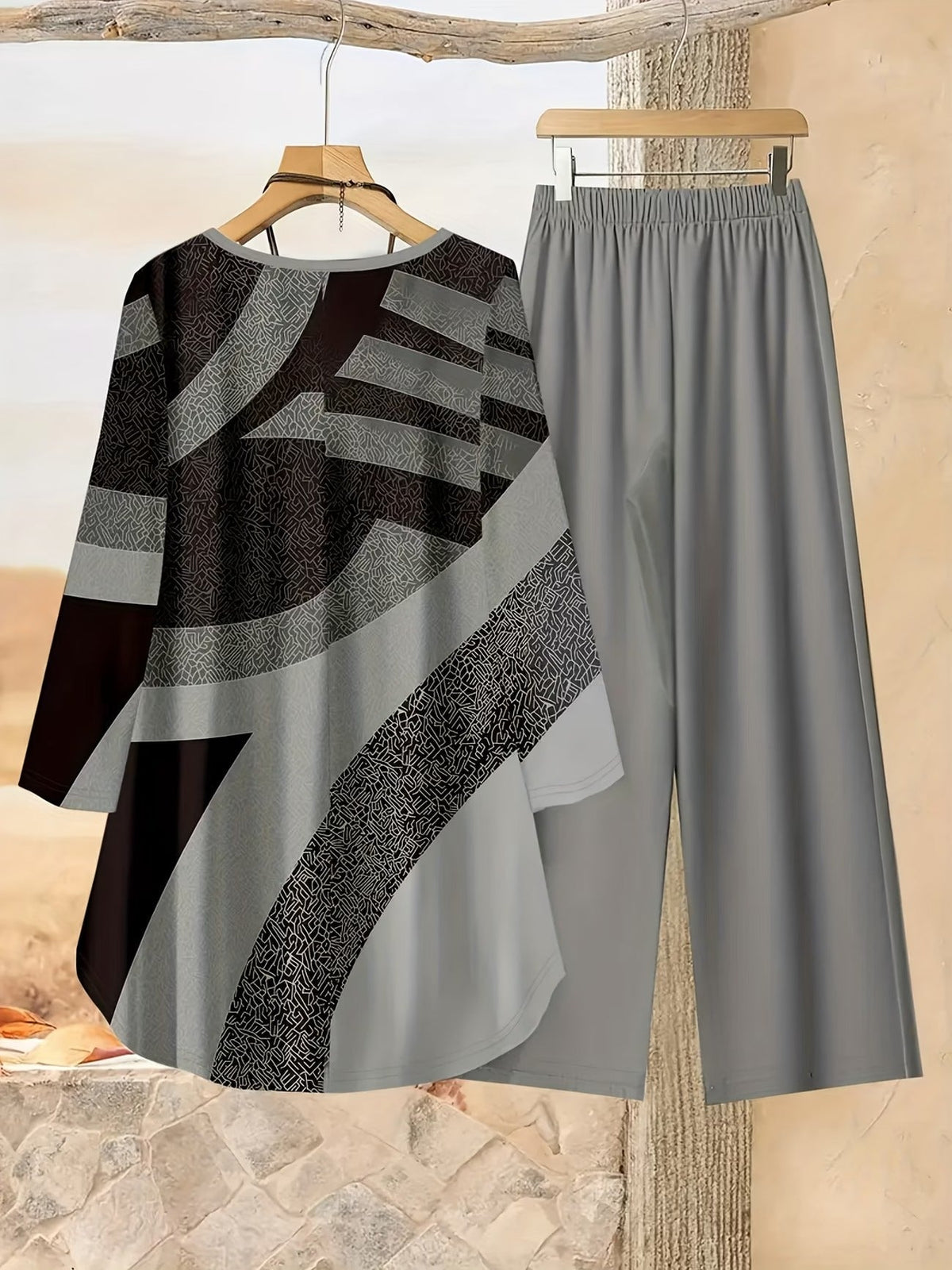 Loose Fit Irregular Print High-Low Hem Top with Solid Pants – Women’s Casual Two-Piece Outfit