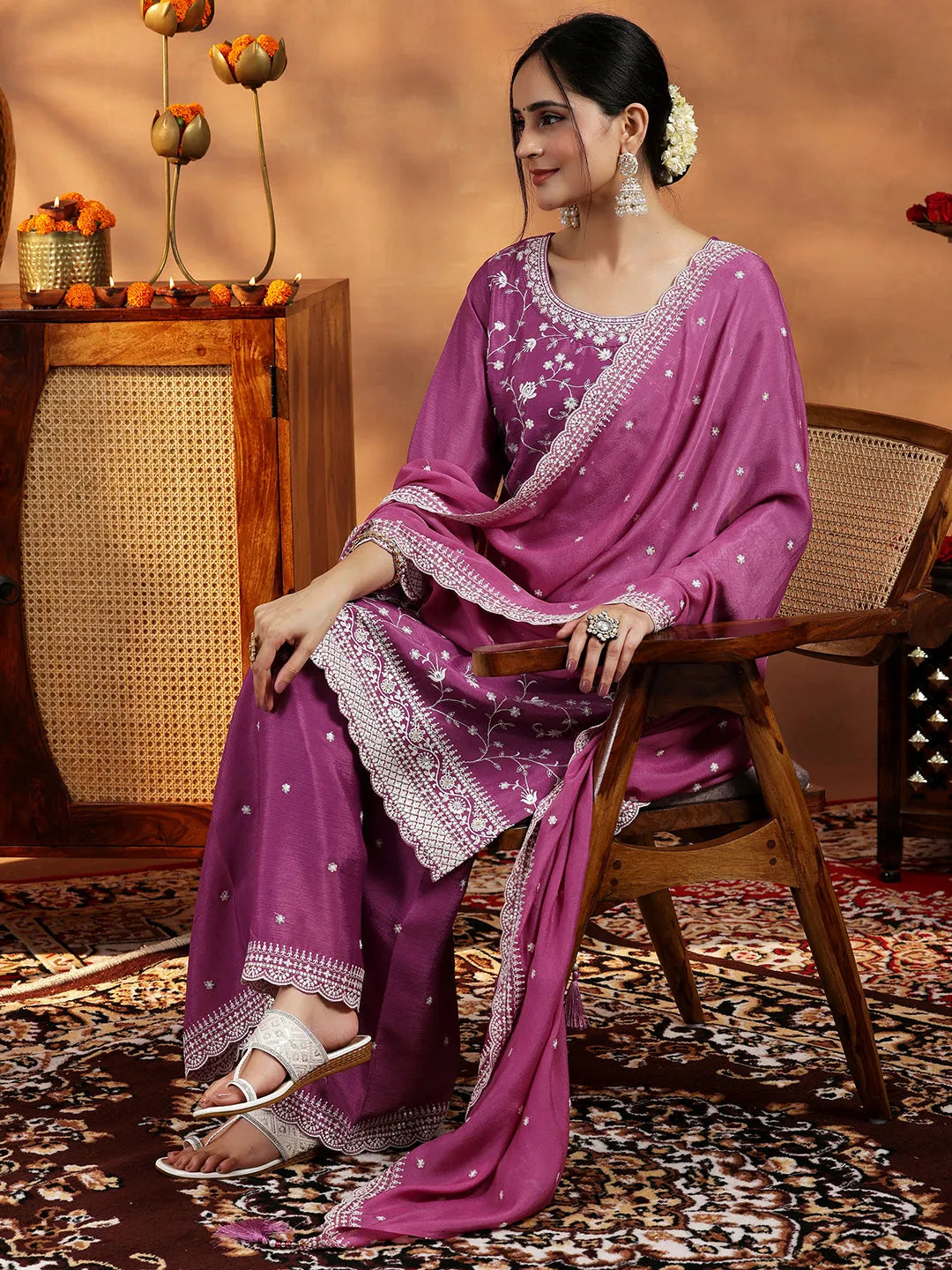 Anouk Mauve Embroidered Silk Blend Straight Suit With Dupatta