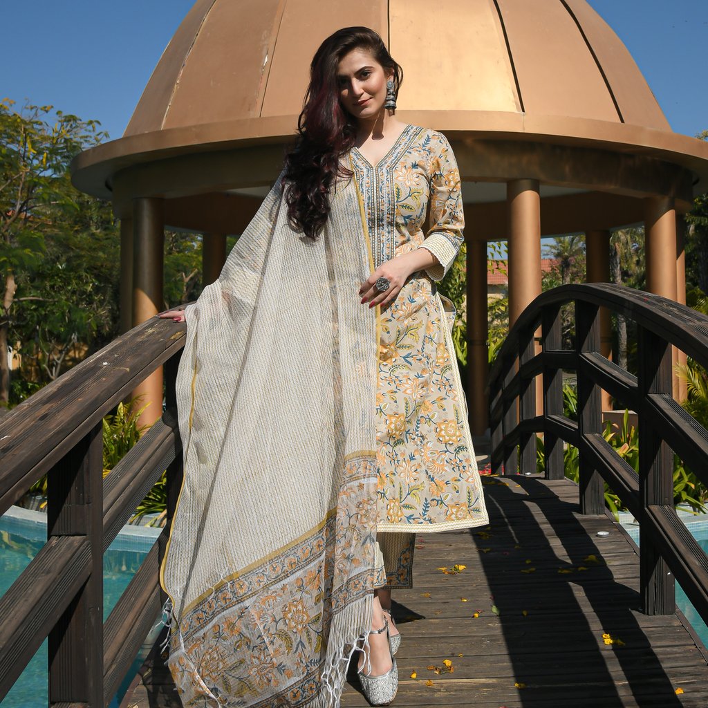 Cotton 3-Piece Suit Set with Printed Kurti, Pant, and Dupatta