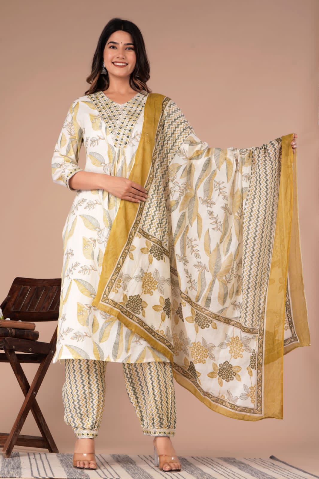 Floral Afghani Suit Set with Embroidery on Neck