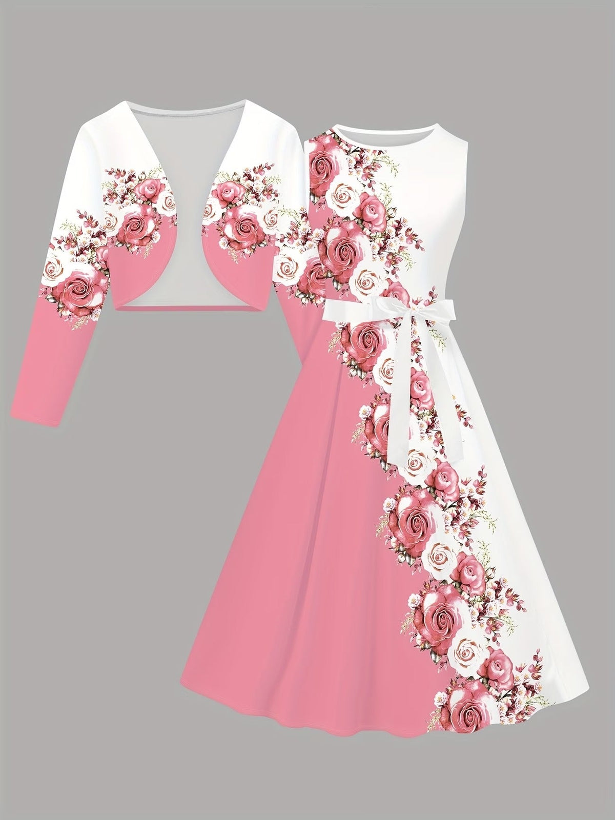 Women’s Pink & White Floral Dress with Short Jacket & Belt – Elegant 2 Piece Set