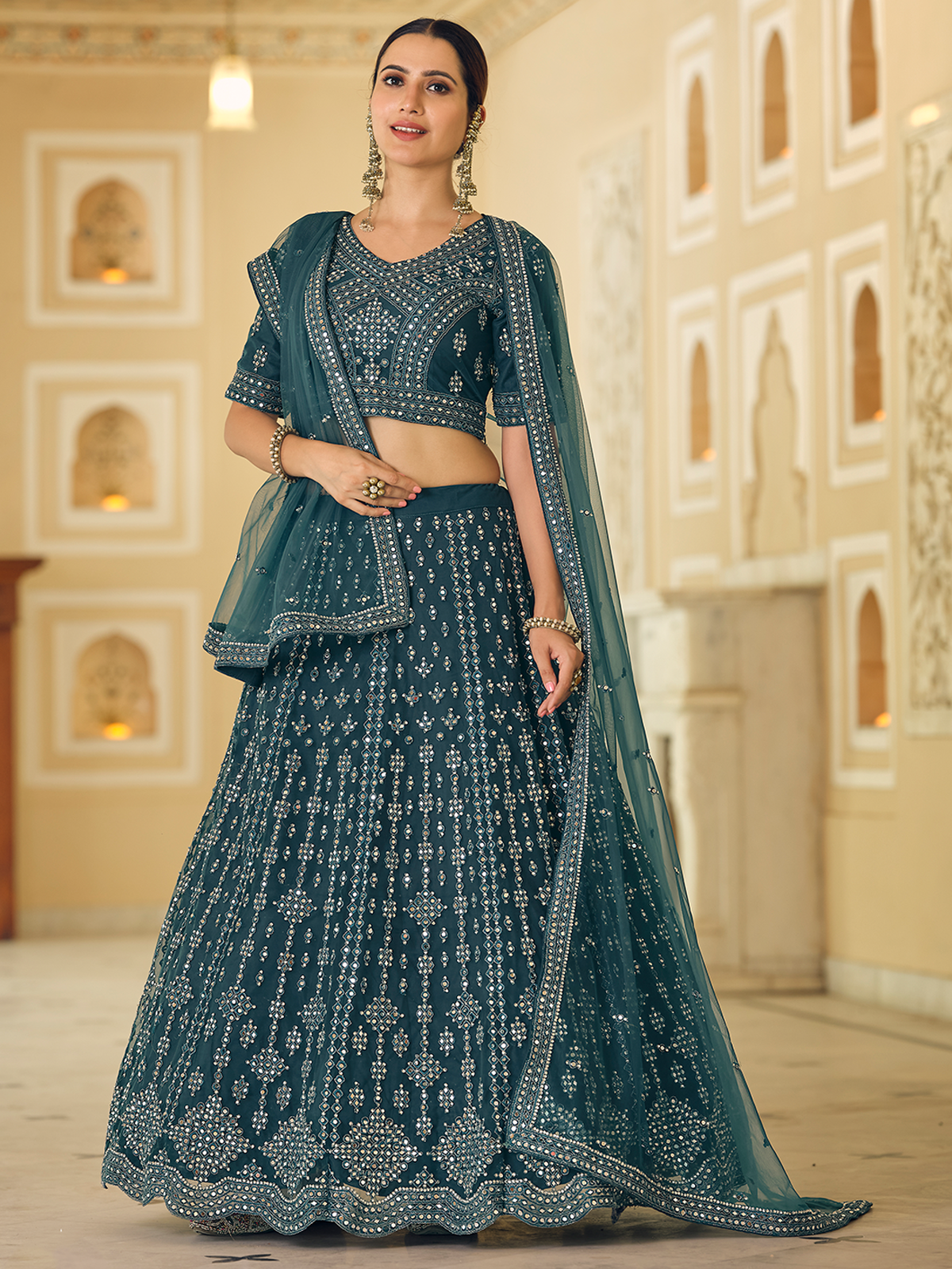 Teal Embroidered Soft Net Semi Stitched Lehenga With Unstitched Blouse
