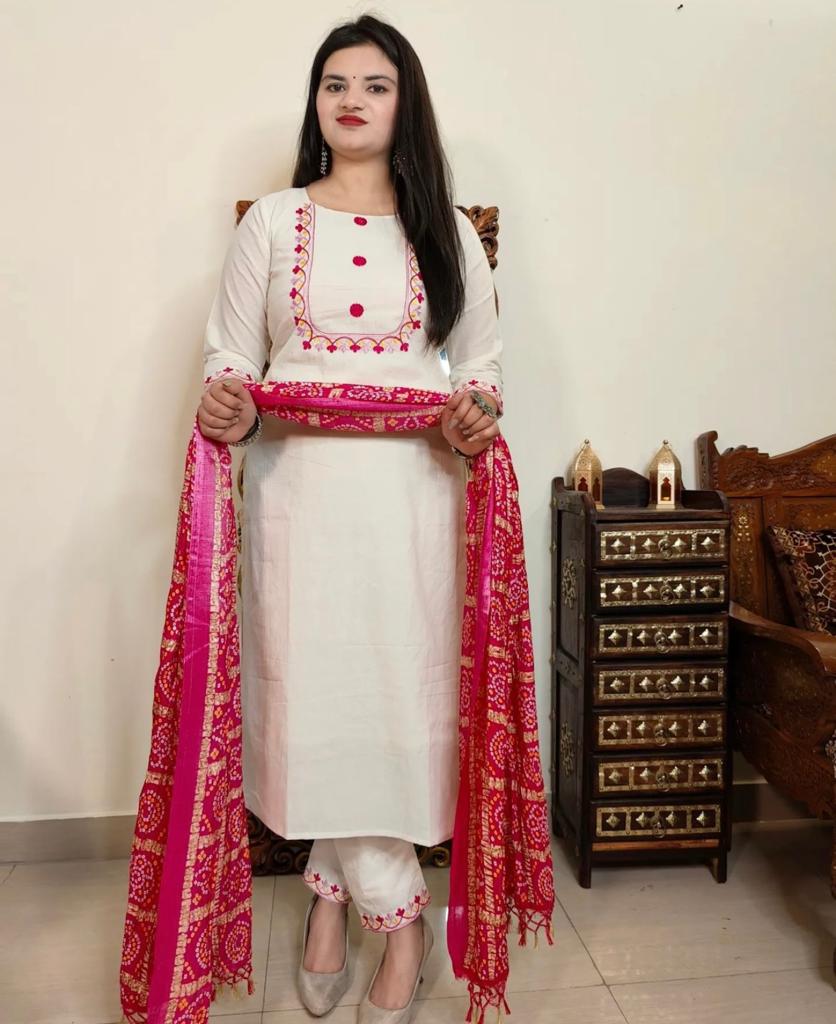 Hand-Embroidered Creamy White A-Line Kurta with Pants and Bandhej Printed Dupatta
