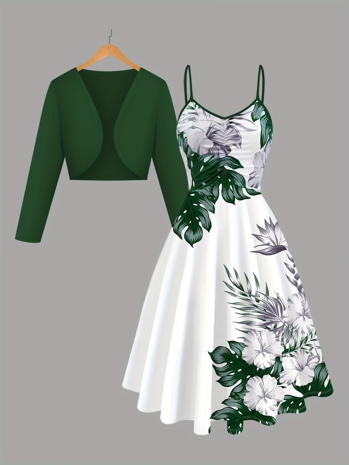 Women’s Elegant Green Cardigan with Leaf Print Dress – Stylish 2 Piece Set