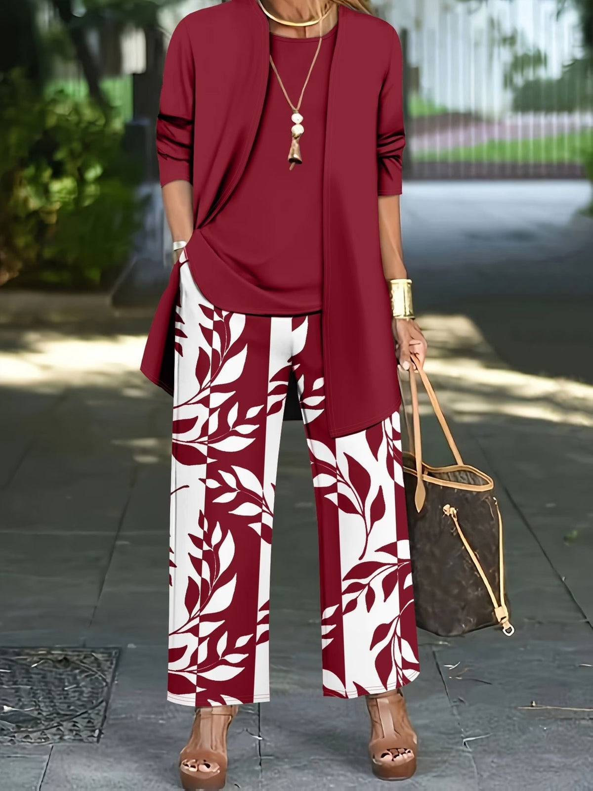 Women’s Stylish 3-Piece Set – Solid Cardigan, Casual Vest & Printed Palazzo Pants
