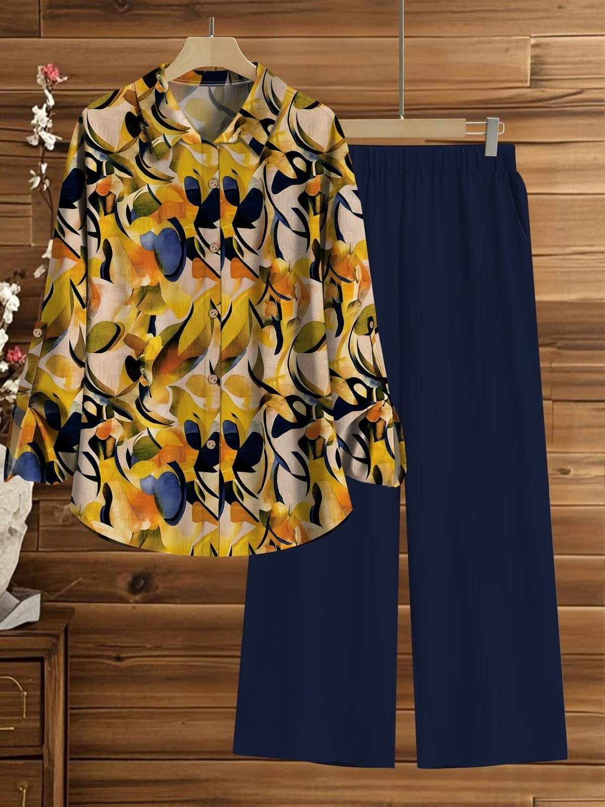 Women’s Floral Long-Sleeve Shirt with Printed Pants – Stylish Two-Piece Everyday Outfit (With Tie & Button Details)
