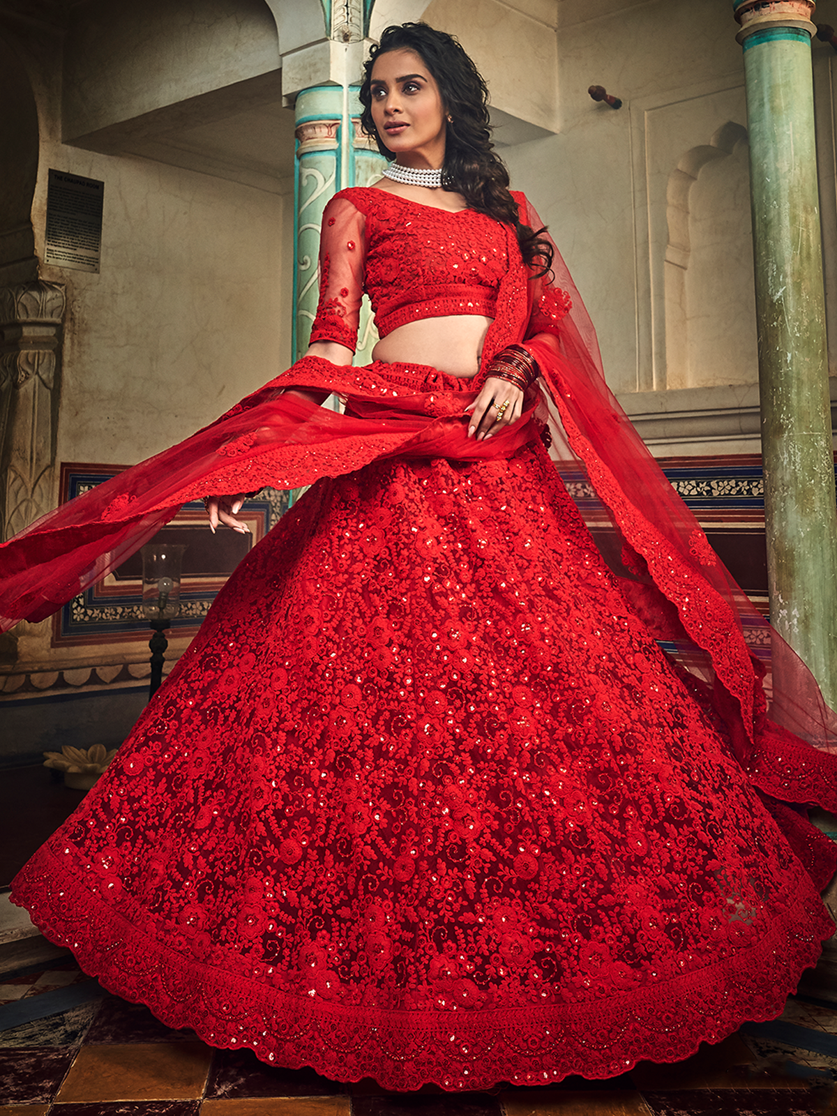 Red Embroidered Soft Net Semi Stitched Lehenga With Unstitched Blouse