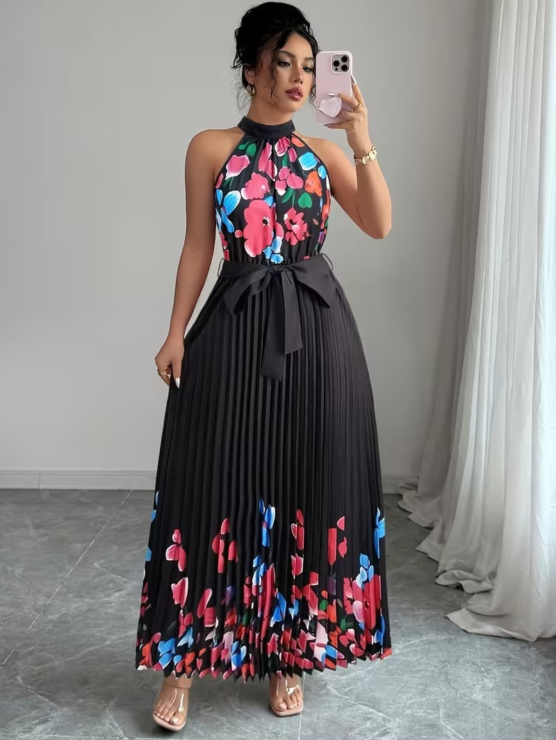 Elegant Floral Halter Neck Pleated Dress – Stylish & Comfortable Summer Outfit for Women