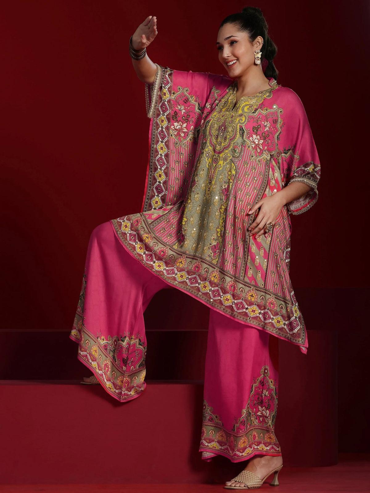 Anouk Art Coral Printed Silk Blend Kaftan Kurta With Palazzos