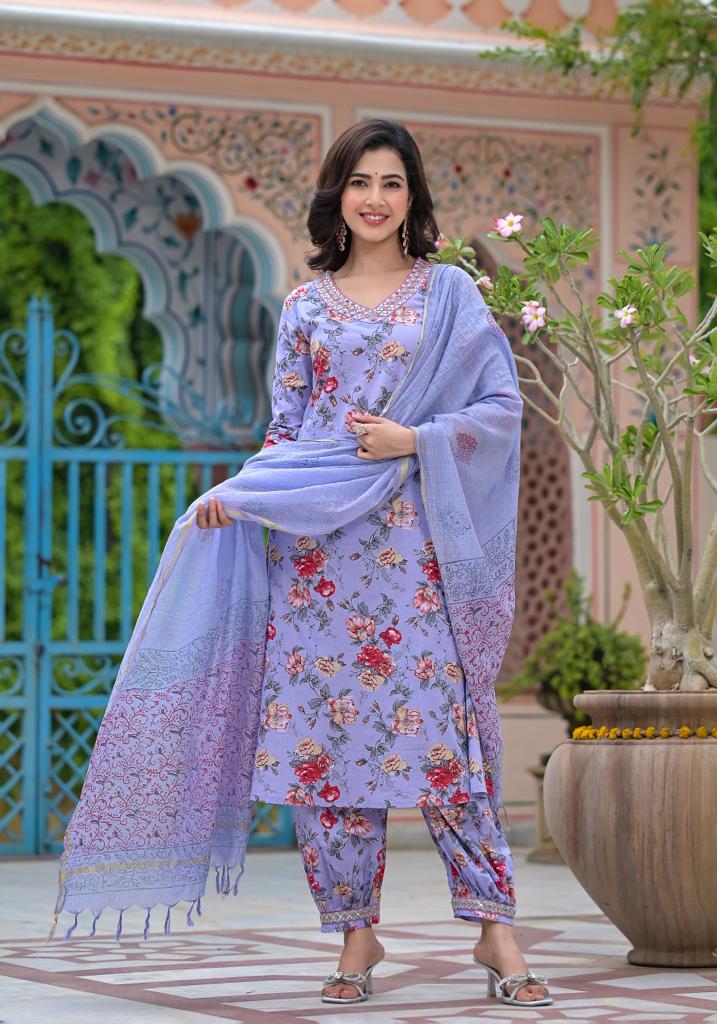 Handcrafted Floral Afghani Suit Set in Cotton