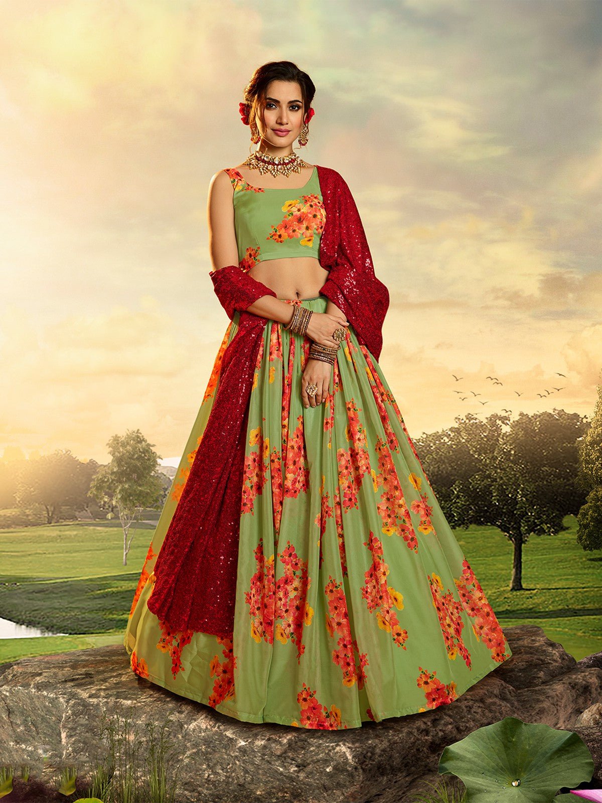 Beautiful Red Semi Stitched Lehenga With Unstitched Blouse