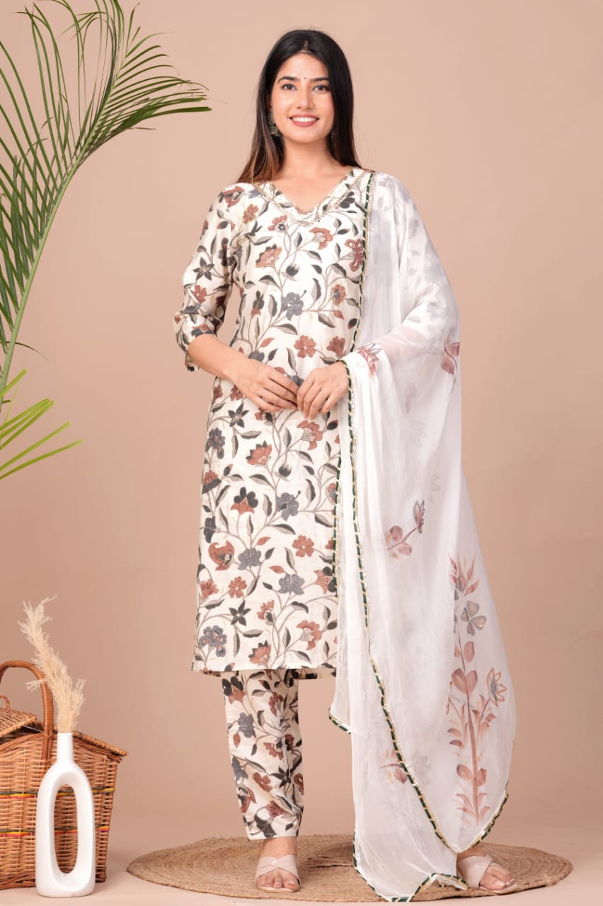 Muslin Digital Foil Printed Kurti with Sitara Neck Work, Pant, and Brush-Printed Chiffon Dupatta Set