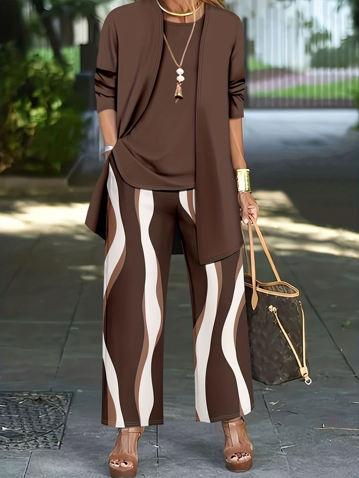 Women’s Stylish 3-Piece Set – Solid Cardigan, Casual Vest & Printed Palazzo Pants
