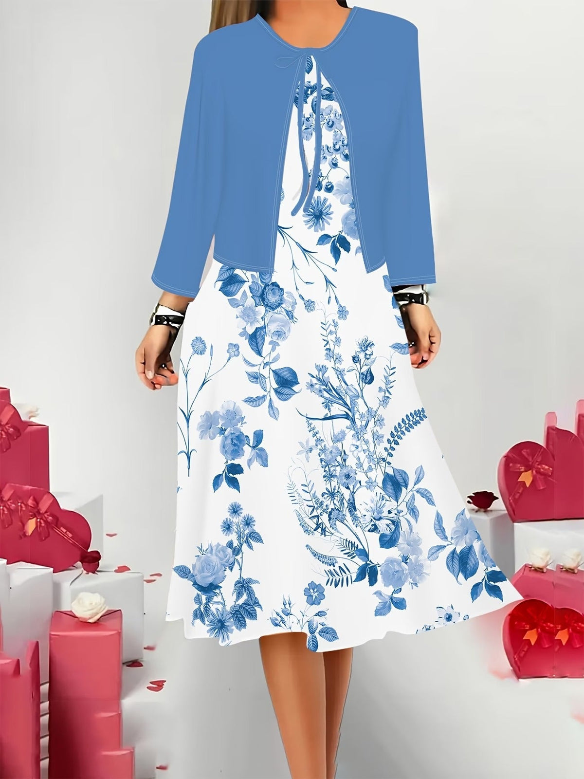Elegant Layered Two-Piece Midi Dress Set with Tie-Front Cardigan – Flowy Printed Everyday & Occasion Wear