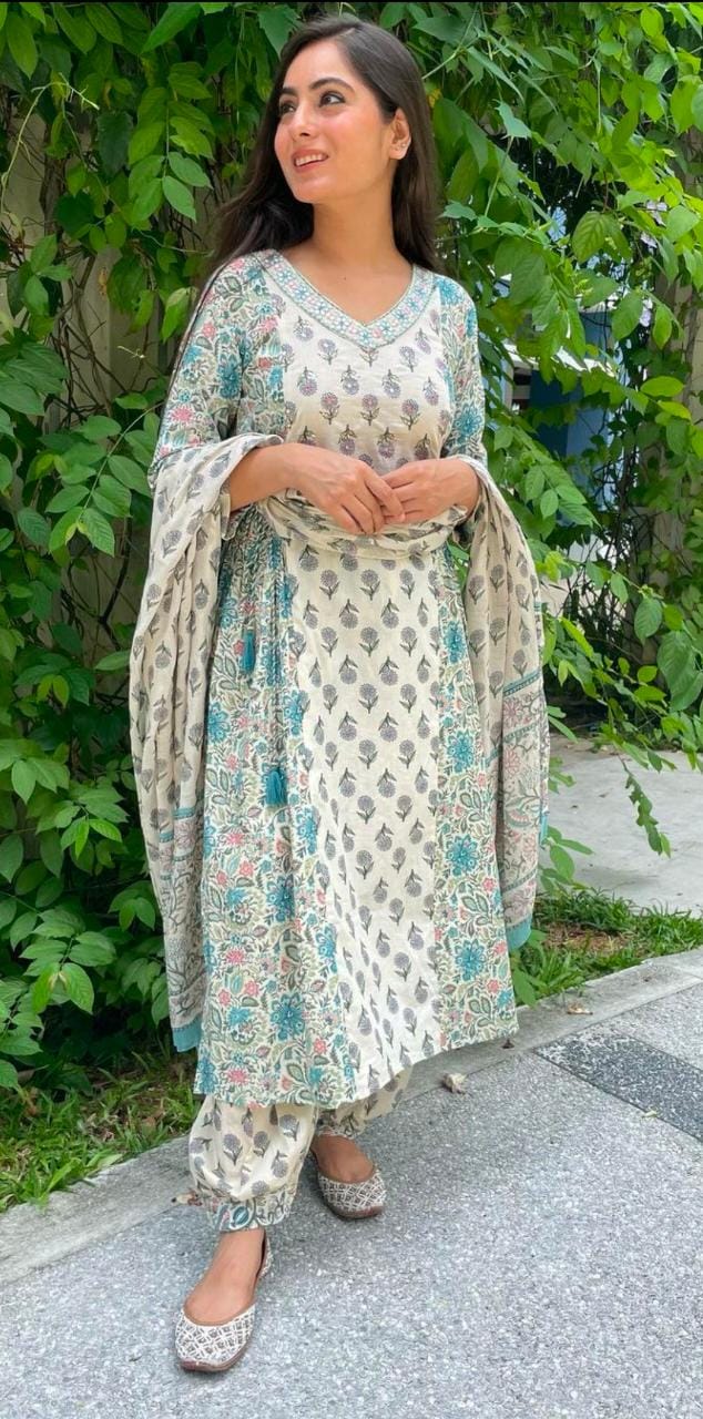 Grey Floral Afghani Suit Set with Embroidery and Tassels