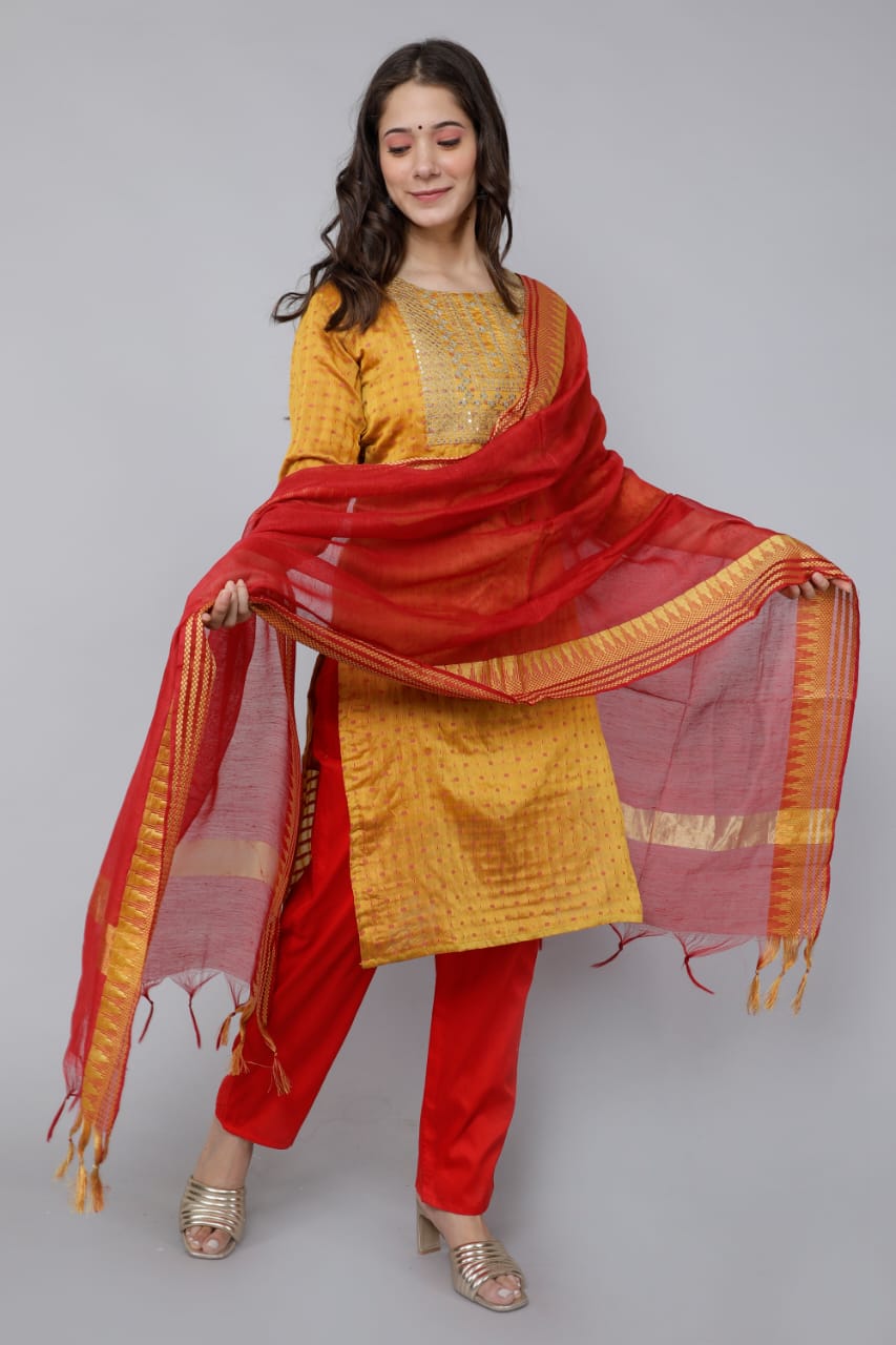 Exquisite Hand-Worked Kurti Set with Pant and Dupatta - Machali Fabric