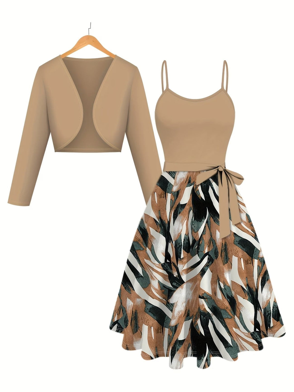 Elegant Solid Color Long-Sleeve Cardigan with Geometric Print Suspender Skirt – Stylish Two-Piece Women’s Set