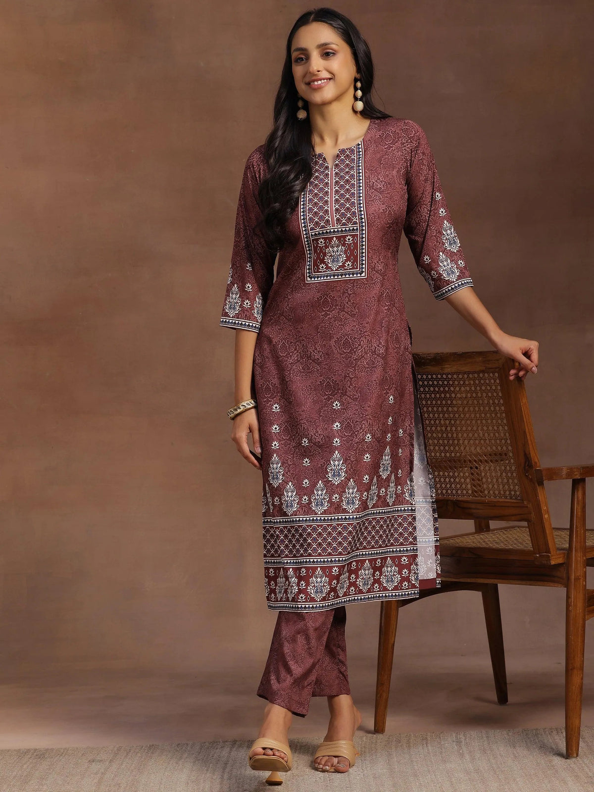 Anouk Brown Printed Poly Crepe Straight Kurta With Trousers