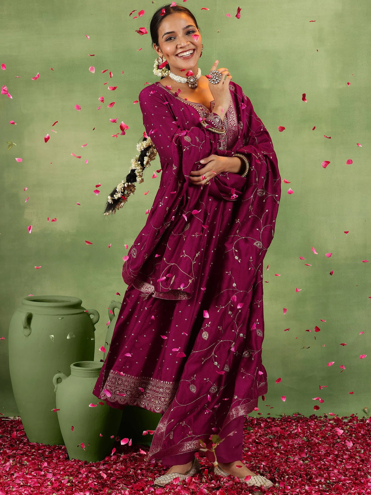 Anouk Maroon Embroidered Silk Blend Anarkali Suit With Dupatta