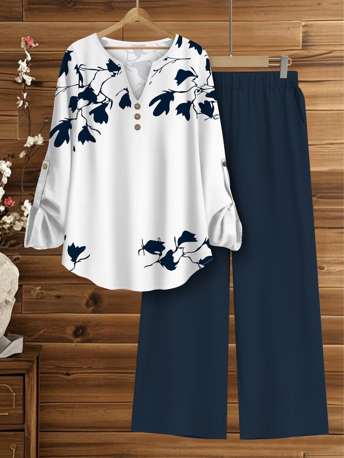 Women’s Floral Long-Sleeve Shirt with Printed Pants – Stylish Two-Piece Everyday Outfit (With Tie & Button Details)