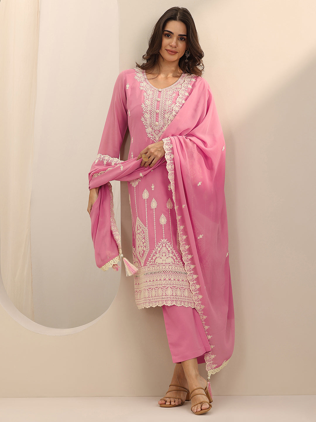 Anouk Pink Embroidered Georgette Straight Suit Set With Dupatta