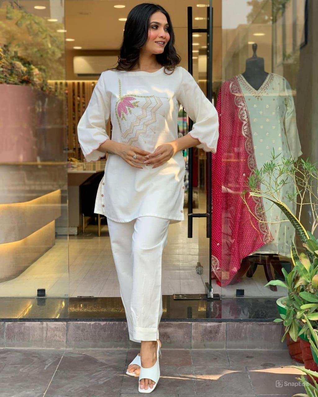 White Embroidered Cotton Flex Co-ord Set