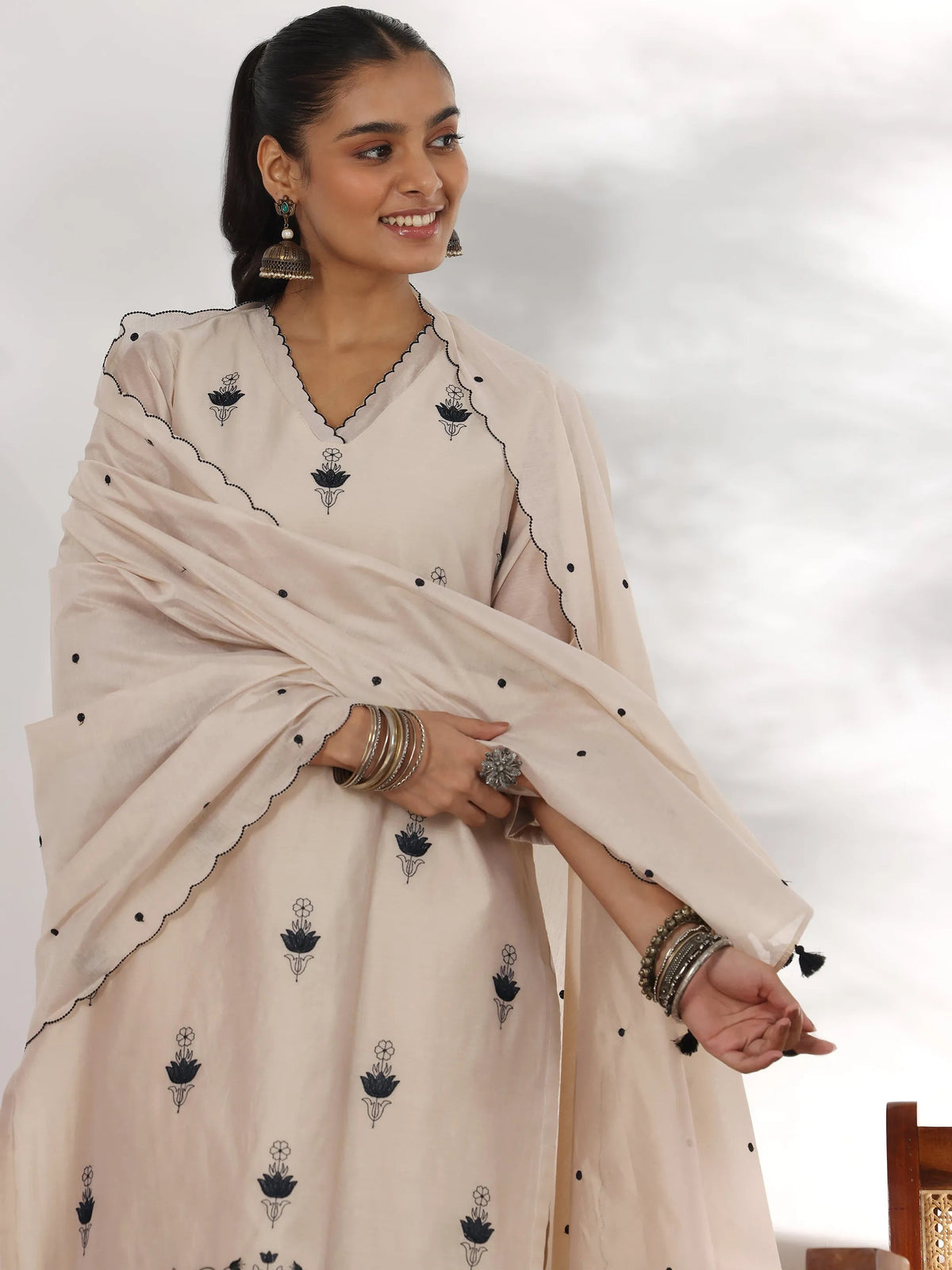 Anouk Beige Embroidered Chanderi Silk Straight Suit With Dupatta