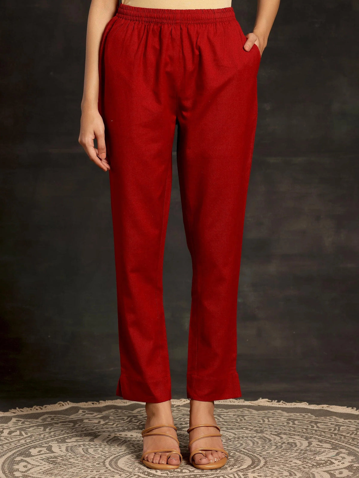 Anouk Maroon Solid Cotton Straight Fit Trousers