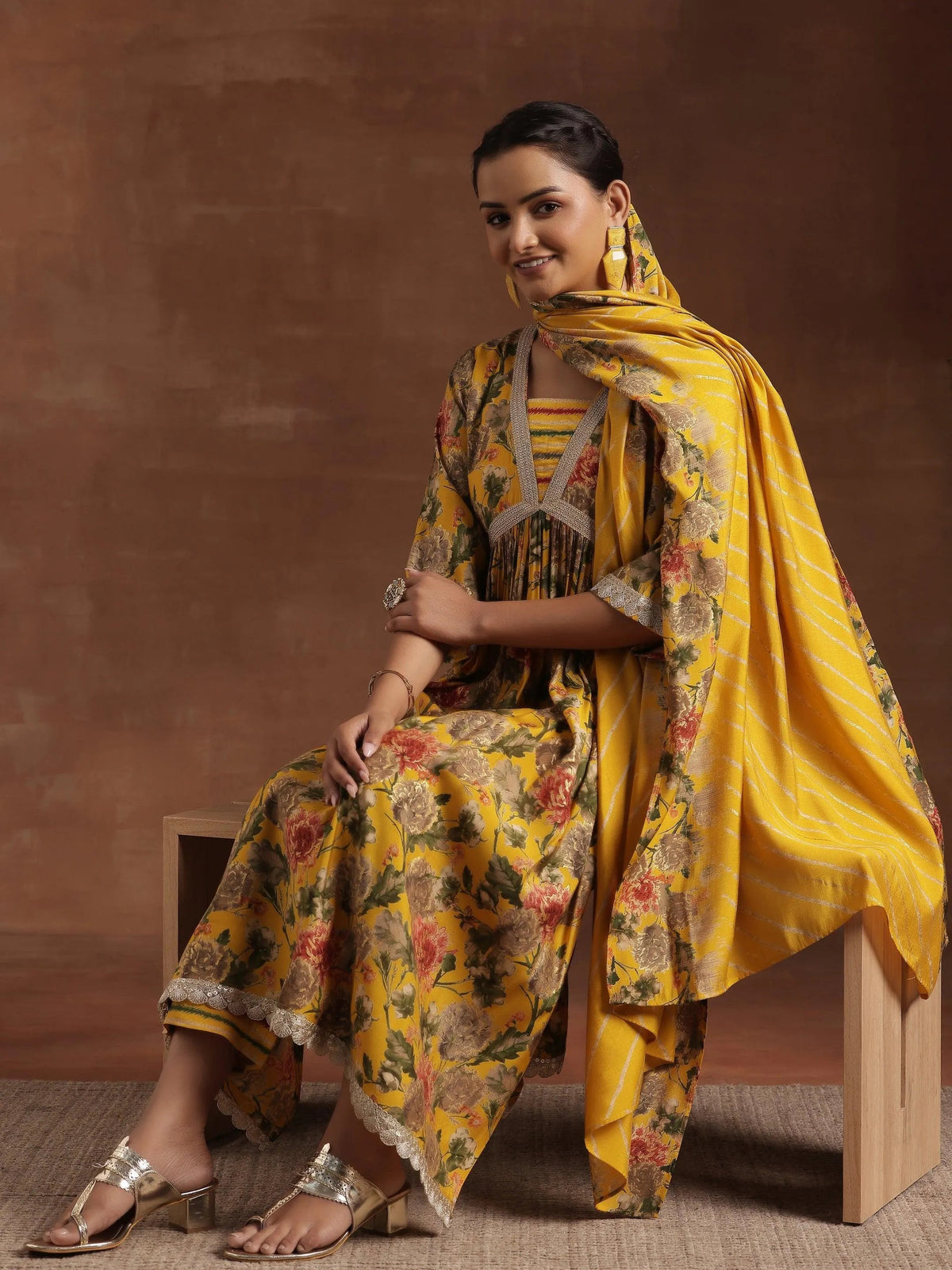 Anouk Yellow Printed Silk Blend A-Line Kurta With Trousers & Dupatta