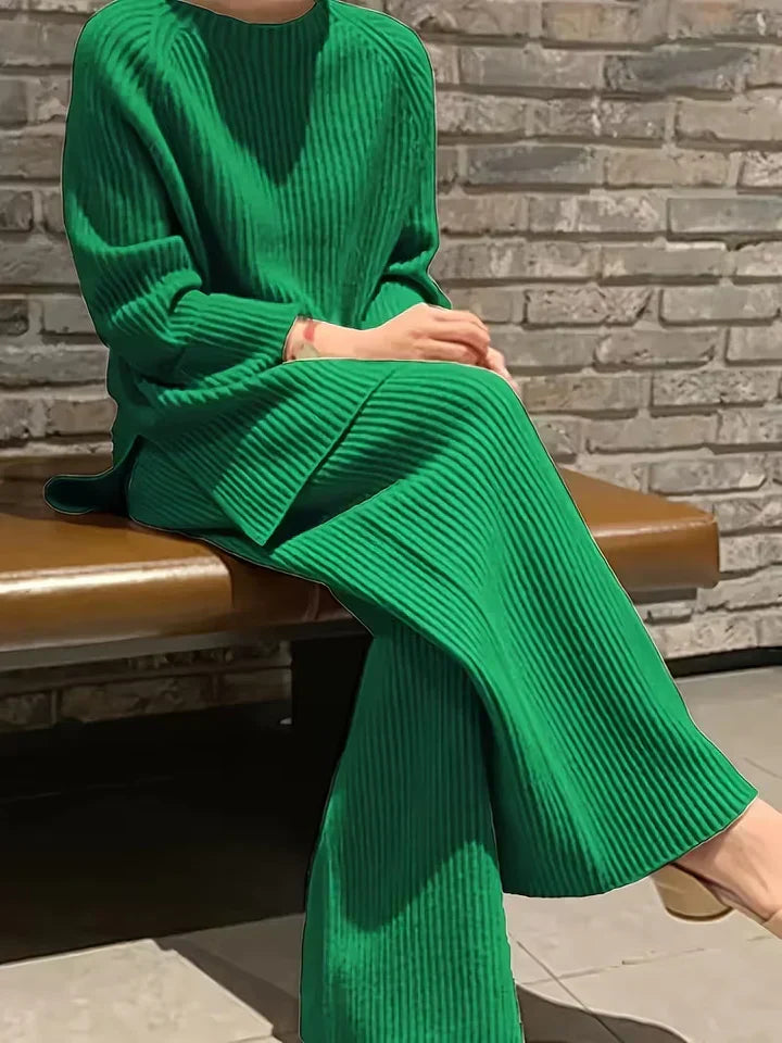 Round Neck Casual Slit Knitted Two-Piece Set Green