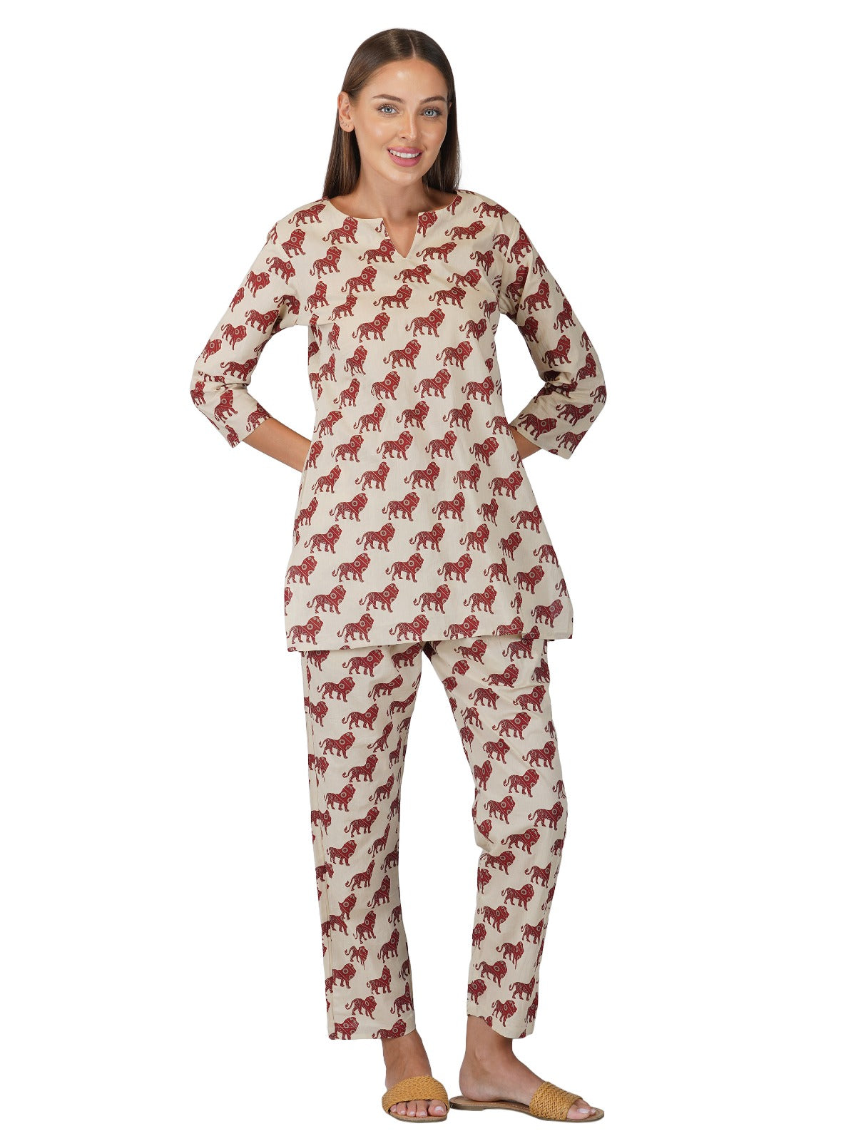 Chiku Red Cotton Short Kurta and Pant Set (60x60 Weave)
