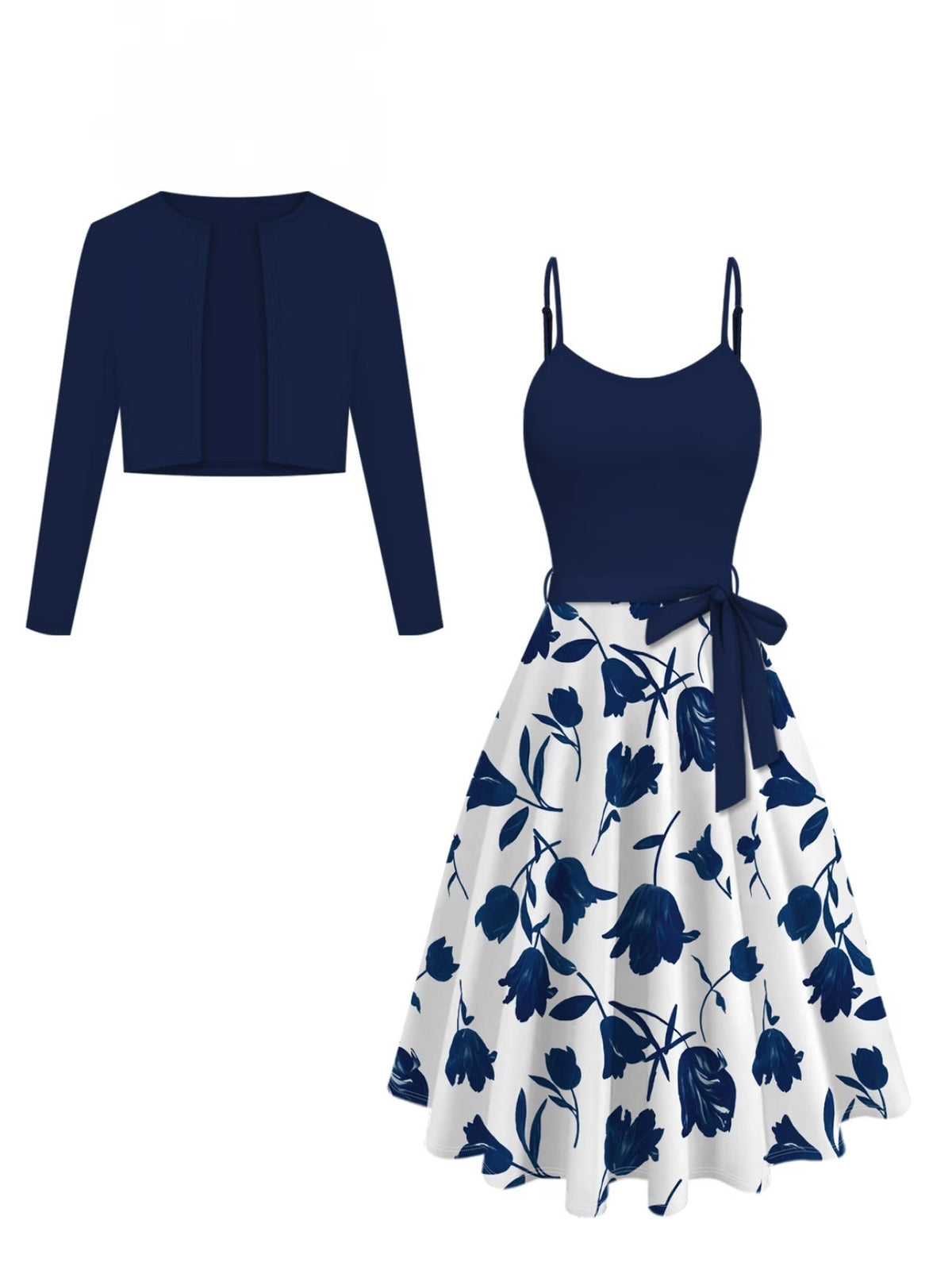 Elegant Two-piece Set | Solid Color Cardigan Long Sleeve Top and Floral Print Lace-up Dress | All Season, Cardigan Collar