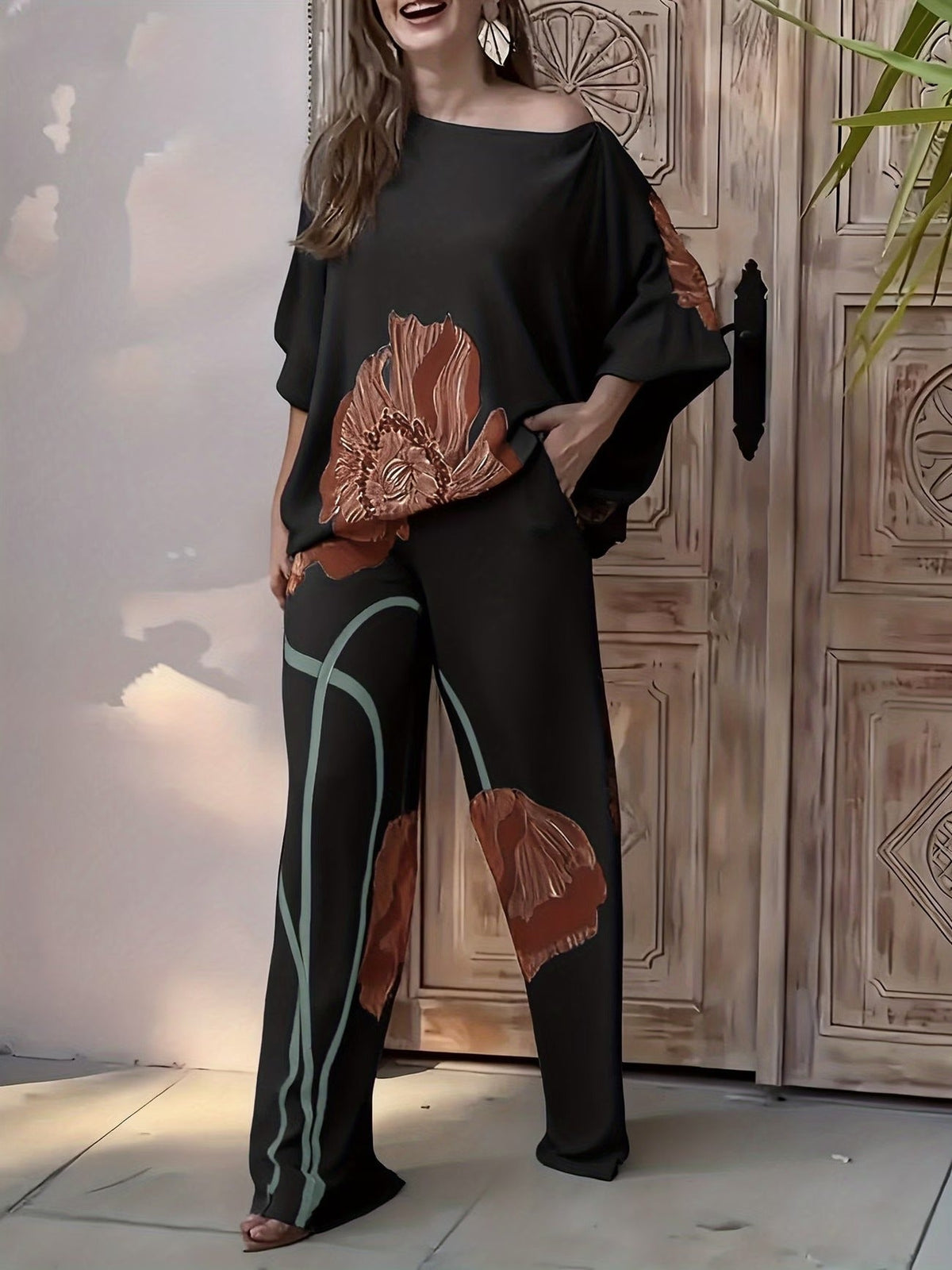 Elegant Floral Print Women’s Co-Ord Set – Comfortable Short Sleeve Top & Flowy Elastic Waist Pants