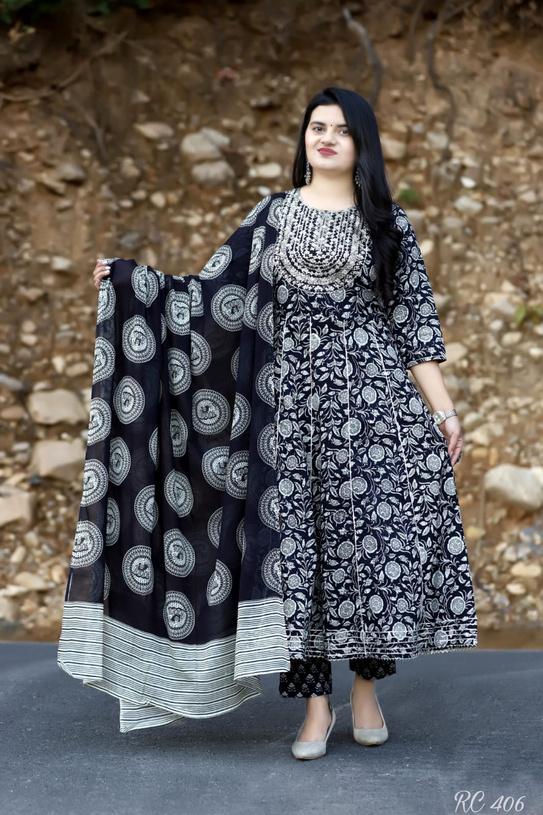 Black Cotton Suit with Embroidered Kurta, Cigarette Pant, and Malmal Dupatta