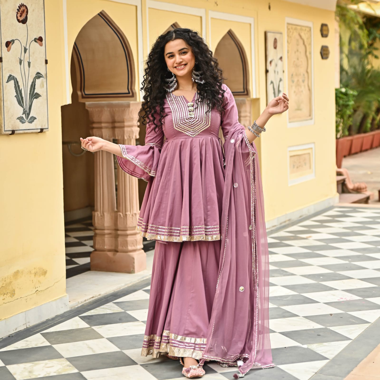 Rayon Kurti with Gota Embellishments, paired with Sharara and Nazmeen Dupatta