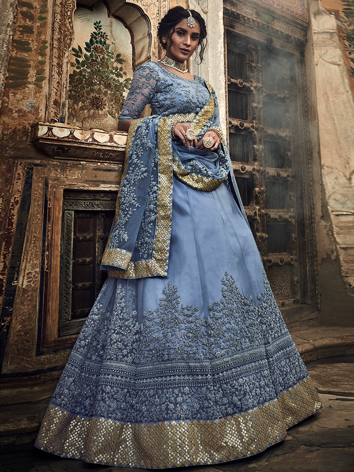 Grey Embroidered Soft Net Semi Stitched Lehenga With Unstitched Blouse